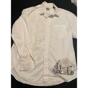IZOD JEANS Mens White Button Down Shirt Industrial Graphic Print Size L